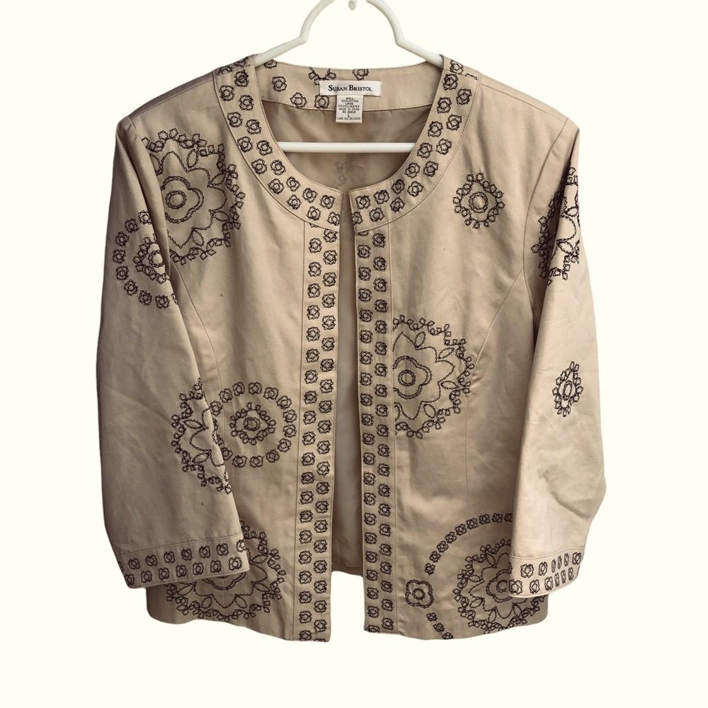 Womens sz Large Susan Bristol boutique open front blazer, jacket embroidered